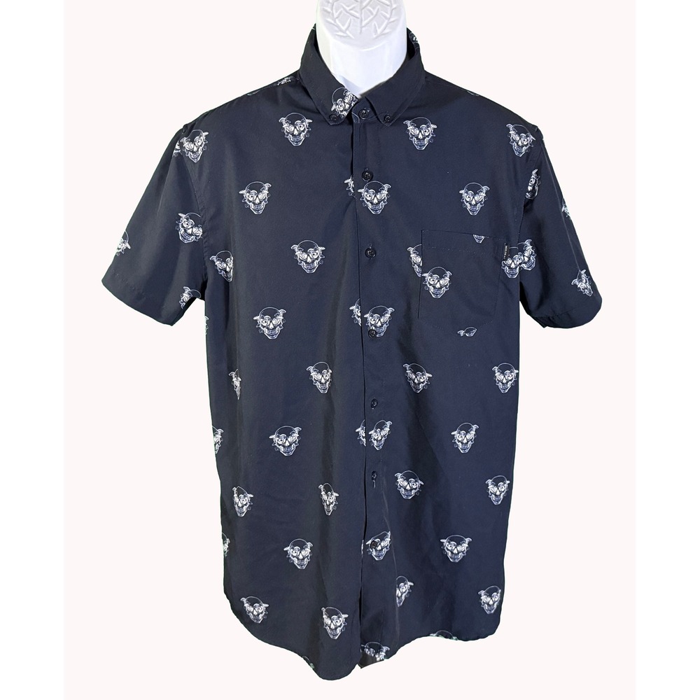 Molokai Surf Co. Button Down Shirt Mens Large Black Skull Print Short Sleeve